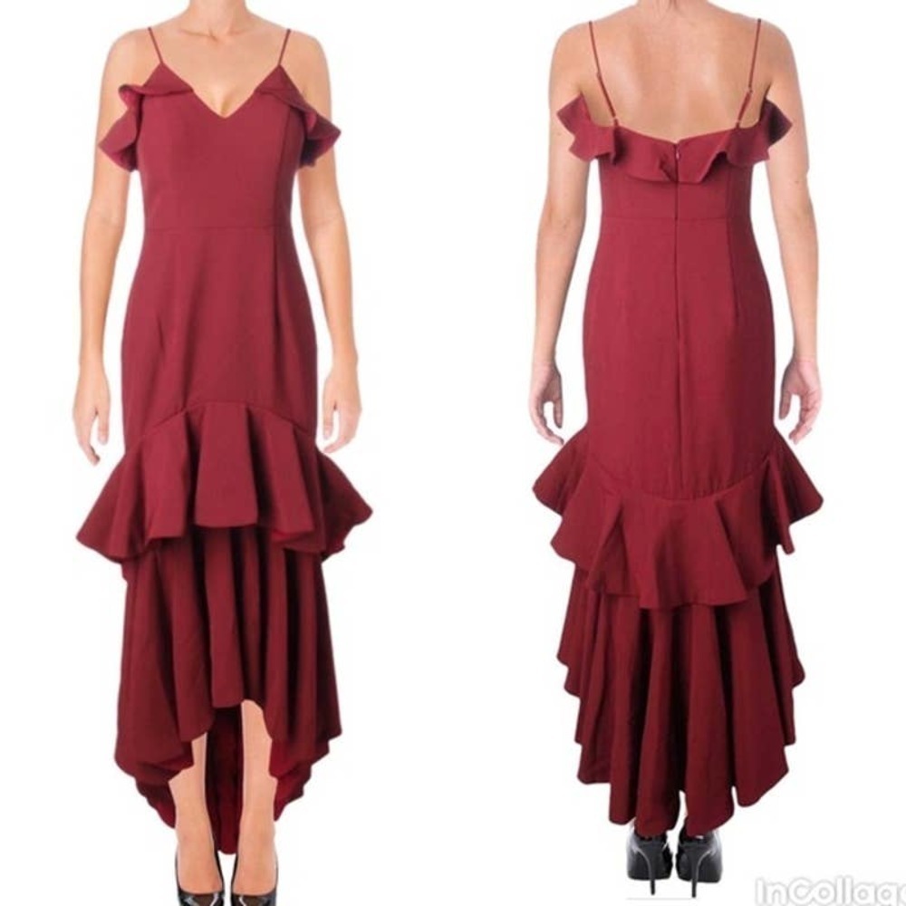 NWT JARLO Burgundy Mina Layered Ruffle High Low Sleeveless V-Neck Dress Gown 8